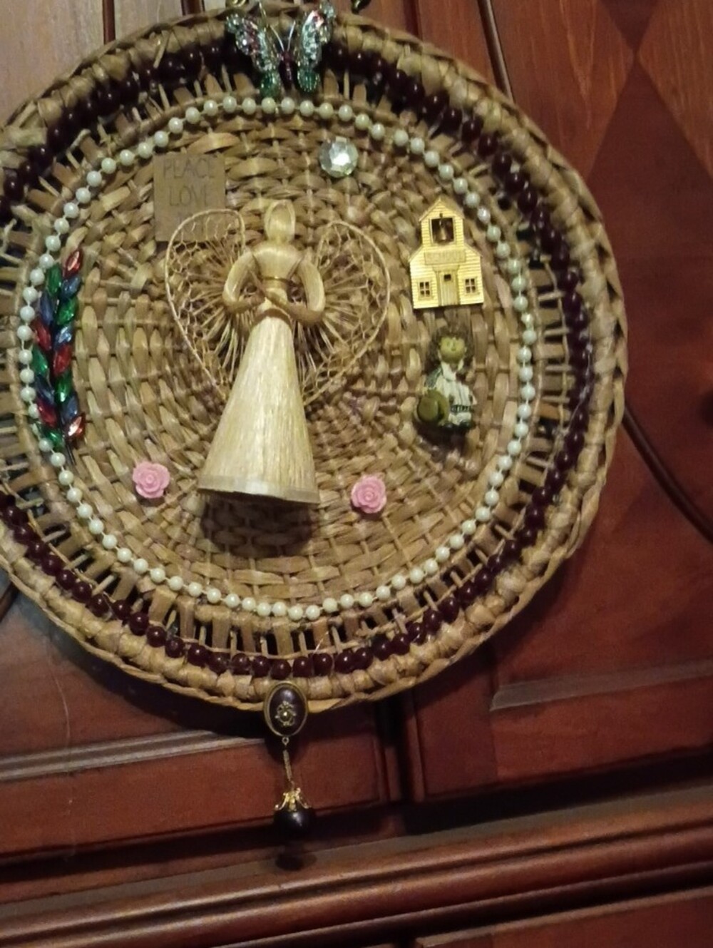Handcrafted Woven Angel Wall Art in Natural and Pink